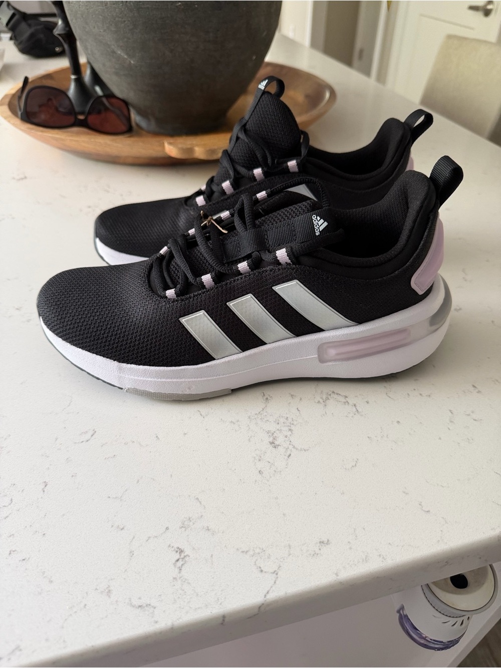 adidas Women’s Black and Light Pink Athletic Sneakers with White Midsole
